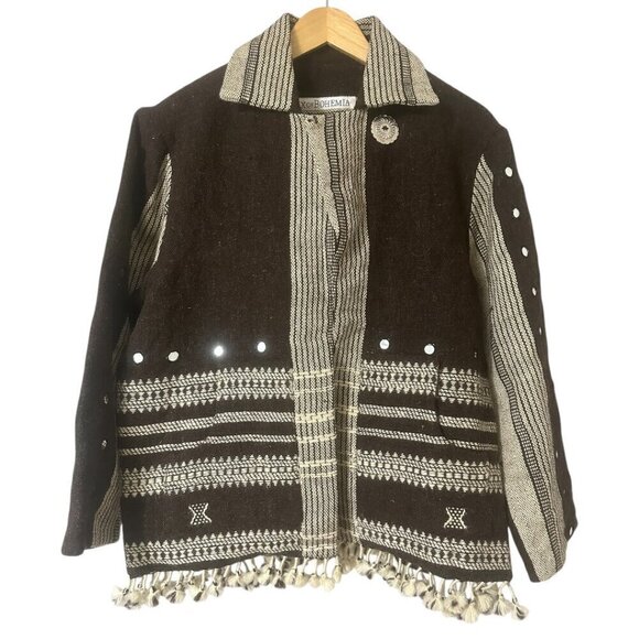 Alix of Bohemia Embroidered Handwoven Brown Blanket Jacket Small Western Boho - Picture 6 of 16